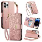 For iPhone 14 Pro Flowers Leaves Zipper Wallet Leather Phone Case with Strap(Pink) - 1
