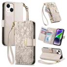 For iPhone 14 Plus Flowers Leaves Zipper Wallet Leather Phone Case with Strap(Khaki) - 1