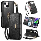 For iPhone 14 Plus Flowers Leaves Zipper Wallet Leather Phone Case with Strap(Black) - 1