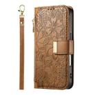 For iPhone 13 Pro Flowers Leaves Zipper Wallet Leather Phone Case with Strap(Brown) - 2