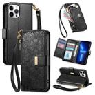 For iPhone 13 Pro Flowers Leaves Zipper Wallet Leather Phone Case with Strap(Black) - 1