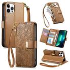 For iPhone 13 Pro Max Flowers Leaves Zipper Wallet Leather Phone Case with Strap(Brown) - 1
