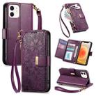 For iPhone 12 / 12 Pro Flowers Leaves Zipper Wallet Leather Phone Case with Strap(Purple) - 1