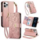 For iPhone 12 Pro Max Flowers Leaves Zipper Wallet Leather Phone Case with Strap(Pink) - 1
