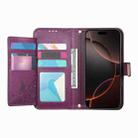 For iPhone 17 Flowers Leaves Zipper Wallet Leather Phone Case with Strap(Purple) - 3