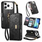 For iPhone 17 Pro Max Flowers Leaves Zipper Wallet Leather Phone Case with Strap(Black) - 1