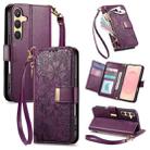 For Samsung Galaxy S25+ 5G Flowers Leaves Zipper Wallet Leather Phone Case with Strap(Purple) - 1