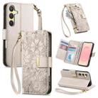For Samsung Galaxy S25+ 5G Flowers Leaves Zipper Wallet Leather Phone Case with Strap(Khaki) - 1