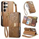 For Samsung Galaxy S25 Ultra 5G Flowers Leaves Zipper Wallet Leather Phone Case with Strap(Brown) - 1