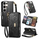 For Samsung Galaxy S25 Ultra 5G Flowers Leaves Zipper Wallet Leather Phone Case with Strap(Black) - 1
