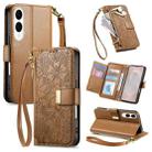 For Samsung Galaxy S25 Edge 5G Flowers Leaves Zipper Wallet Leather Phone Case with Strap(Brown) - 1