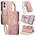 For Samsung Galaxy S25 Edge 5G Flowers Leaves Zipper Wallet Leather Phone Case with Strap(Pink) - 1