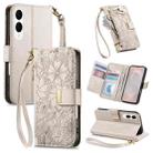 For Samsung Galaxy S25 Edge 5G Flowers Leaves Zipper Wallet Leather Phone Case with Strap(Khaki) - 1