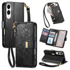 For Samsung Galaxy S25 Edge 5G Flowers Leaves Zipper Wallet Leather Phone Case with Strap(Black) - 1