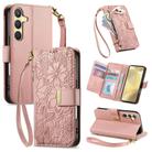 For Samsung Galaxy S24 5G Flowers Leaves Zipper Wallet Leather Phone Case with Strap(Pink) - 1
