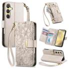For Samsung Galaxy S24 5G Flowers Leaves Zipper Wallet Leather Phone Case with Strap(Khaki) - 1