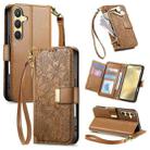 For Samsung Galaxy S24+ 5G Flowers Leaves Zipper Wallet Leather Phone Case with Strap(Brown) - 1