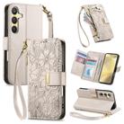 For Samsung Galaxy S24+ 5G Flowers Leaves Zipper Wallet Leather Phone Case with Strap(Khaki) - 1