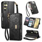 For Samsung Galaxy S24+ 5G Flowers Leaves Zipper Wallet Leather Phone Case with Strap(Black) - 1