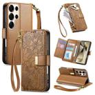 For Samsung Galaxy S24 Ultra 5G Flowers Leaves Zipper Wallet Leather Phone Case with Strap(Brown) - 1