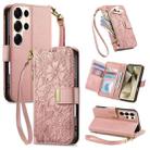 For Samsung Galaxy S24 Ultra 5G Flowers Leaves Zipper Wallet Leather Phone Case with Strap(Pink) - 1