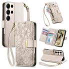 For Samsung Galaxy S24 Ultra 5G Flowers Leaves Zipper Wallet Leather Phone Case with Strap(Khaki) - 1