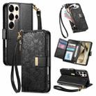 For Samsung Galaxy S24 Ultra 5G Flowers Leaves Zipper Wallet Leather Phone Case with Strap(Black) - 1