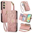 For Samsung Galaxy S24 FE 5G Flowers Leaves Zipper Wallet Leather Phone Case with Strap(Pink) - 1