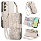 For Samsung Galaxy S24 FE 5G Flowers Leaves Zipper Wallet Leather Phone Case with Strap(Khaki) - 1