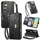 For Samsung Galaxy S24 FE 5G Flowers Leaves Zipper Wallet Leather Phone Case with Strap(Black) - 1