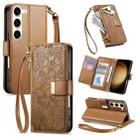 For Samsung Galaxy S23+ 5G Flowers Leaves Zipper Wallet Leather Phone Case with Strap(Brown) - 1