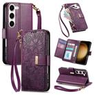 For Samsung Galaxy S23+ 5G Flowers Leaves Zipper Wallet Leather Phone Case with Strap(Purple) - 1