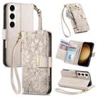 For Samsung Galaxy S23+ 5G Flowers Leaves Zipper Wallet Leather Phone Case with Strap(Khaki) - 1