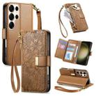 For Samsung Galaxy S23 Ultra 5G Flowers Leaves Zipper Wallet Leather Phone Case with Strap(Brown) - 1