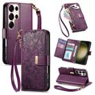 For Samsung Galaxy S23 Ultra 5G Flowers Leaves Zipper Wallet Leather Phone Case with Strap(Purple) - 1