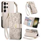For Samsung Galaxy S23 Ultra 5G Flowers Leaves Zipper Wallet Leather Phone Case with Strap(Khaki) - 1