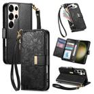 For Samsung Galaxy S23 Ultra 5G Flowers Leaves Zipper Wallet Leather Phone Case with Strap(Black) - 1
