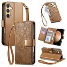 For Samsung Galaxy S23 FE 5G Flowers Leaves Zipper Wallet Leather Phone Case with Strap(Brown) - 1