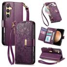 For Samsung Galaxy S23 FE 5G Flowers Leaves Zipper Wallet Leather Phone Case with Strap(Purple) - 1