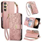 For Samsung Galaxy S23 FE 5G Flowers Leaves Zipper Wallet Leather Phone Case with Strap(Pink) - 1