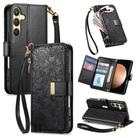 For Samsung Galaxy S23 FE 5G Flowers Leaves Zipper Wallet Leather Phone Case with Strap(Black) - 1