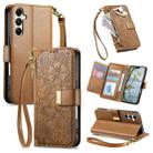 For Samsung Galaxy A15 Flowers Leaves Zipper Wallet Leather Phone Case with Strap(Brown) - 1