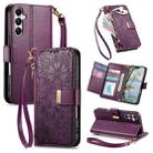 For Samsung Galaxy A15 Flowers Leaves Zipper Wallet Leather Phone Case with Strap(Purple) - 1