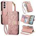 For Samsung Galaxy A15 Flowers Leaves Zipper Wallet Leather Phone Case with Strap(Pink) - 1