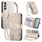 For Samsung Galaxy A15 Flowers Leaves Zipper Wallet Leather Phone Case with Strap(Khaki) - 1