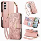 For Samsung Galaxy A16 Flowers Leaves Zipper Wallet Leather Phone Case with Strap(Pink) - 1