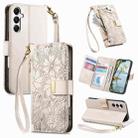 For Samsung Galaxy A16 Flowers Leaves Zipper Wallet Leather Phone Case with Strap(Khaki) - 1