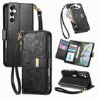 For Samsung Galaxy A16 Flowers Leaves Zipper Wallet Leather Phone Case with Strap(Black) - 1