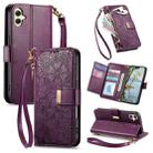 For Samsung Galaxy A05 Flowers Leaves Zipper Wallet Leather Phone Case with Strap(Purple) - 1