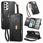 For Samsung Galaxy A53 5G Flowers Leaves Zipper Wallet Leather Phone Case with Strap(Black) - 1